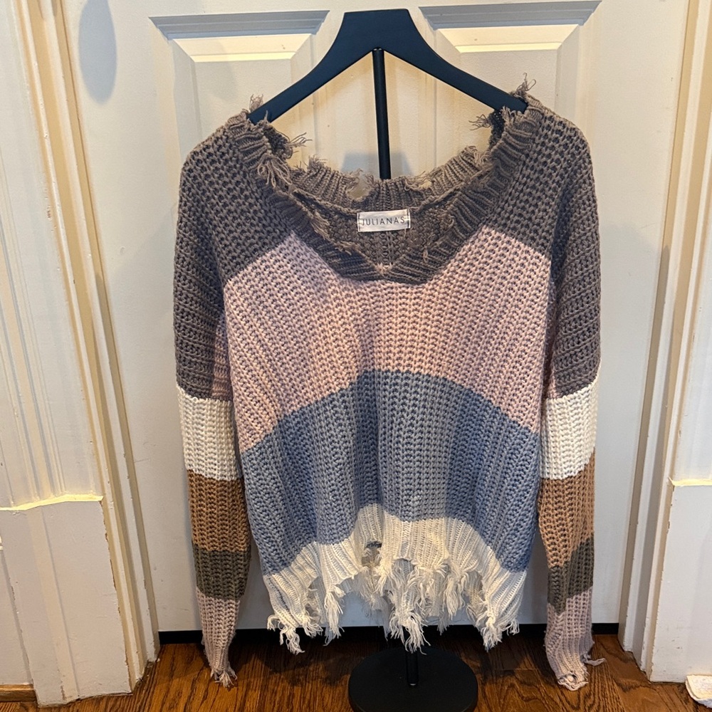 Juliana's Distressed Colorblock Knit Sweater - Taupe, Pink, Blue